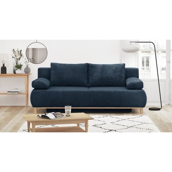 Bäddsoffa 3 platser MIKA - Mörkblå ribbad sammet - Förvaringsutrymme - L 192 x H 84 x P 93 cm