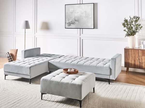 Høyre Hjørnesofa Lysegrå Fløyel Tufted Stoff Moderne L-formet Modulær 4 Seter med Ottoman Sjeselongue