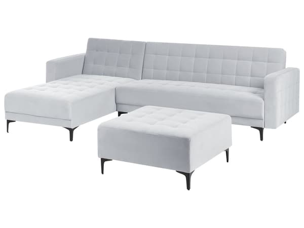 Høyre Hjørnesofa Lysegrå Fløyel Tufted Stoff Moderne L-formet Modulær 4 Seter med Ottoman Sjeselongue