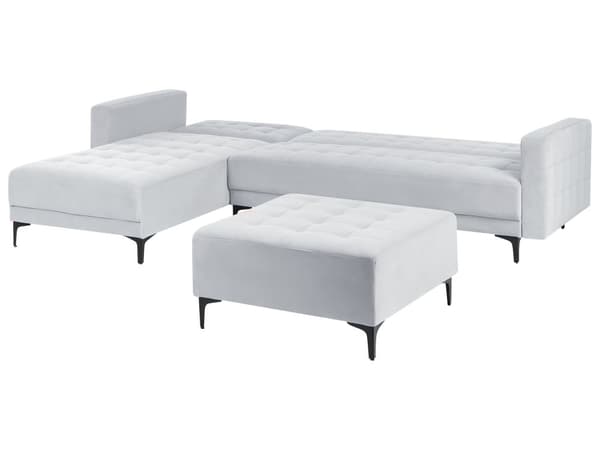 Høyre Hjørnesofa Lysegrå Fløyel Tufted Stoff Moderne L-formet Modulær 4 Seter med Ottoman Sjeselongue