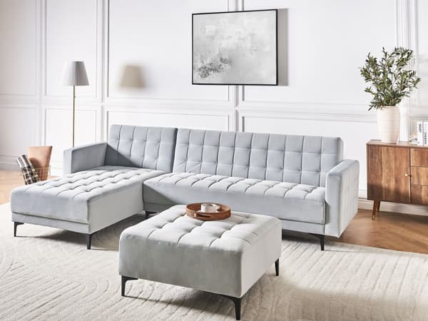 Høyre Hjørnesofa Lysegrå Fløyel Tufted Stoff Moderne L-formet Modulær 4 Seter med Ottoman Sjeselongue