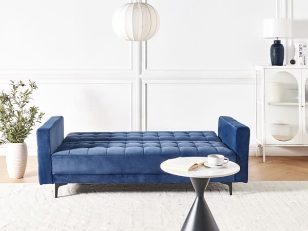 Sovesofa Blå Fløyel Tufted Stoff Moderne Stue Modulær 3 Seter Svart Ben Spor Arm