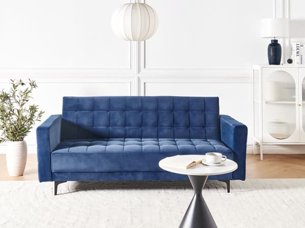 Sovesofa Blå Fløyel Tufted Stoff Moderne Stue Modulær 3 Seter Svart Ben Spor Arm