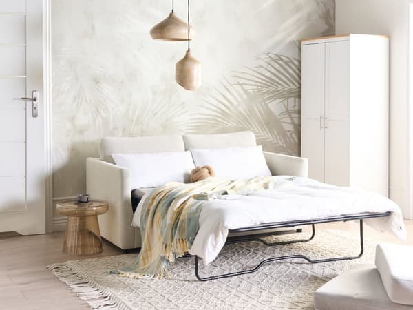 Sovesofa Off-white Stoff 2-seter Utfellbar ramme med madrass Gjesteseng Sofa