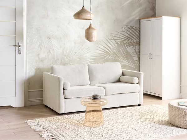 Sovesofa Off-white Stoff 2-seter Utfellbar ramme med madrass Gjesteseng Sofa