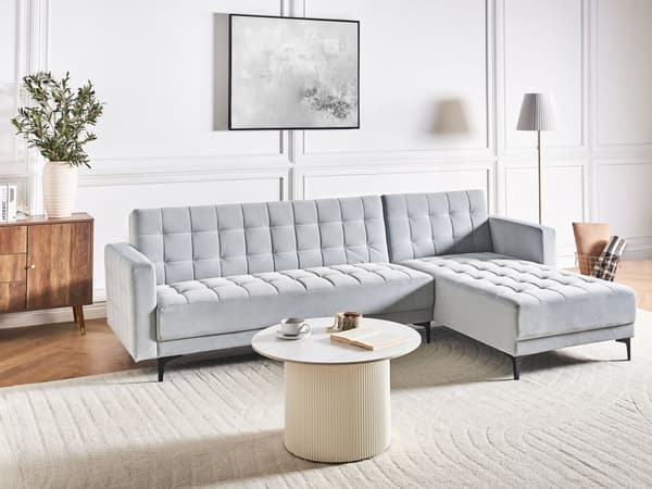 Venstre Hjørnesofa Lysegrå Fløyel Tufted Stoff Moderne L-formet Modulær 4 Seter L Sjeselong
