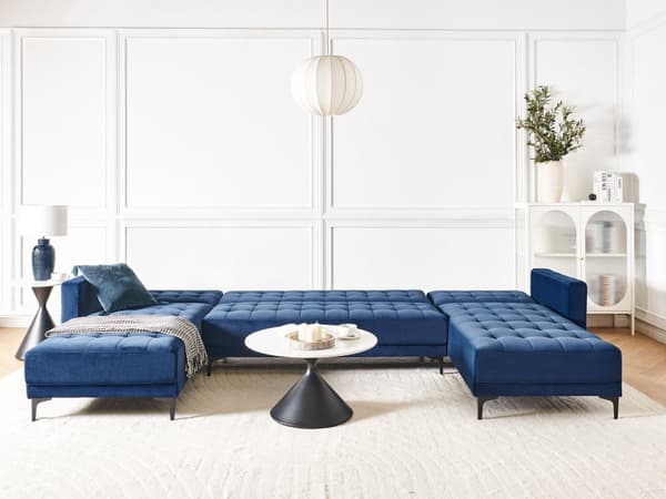 Hjørnesofa Blå Fløyel Tuftet stoff Moderne U-formet Modulær 5-seter med sjeselong