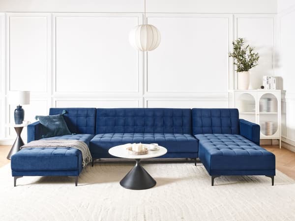 Hjørnesofa Blå Fløyel Tuftet stoff Moderne U-formet Modulær 5-seter med sjeselong