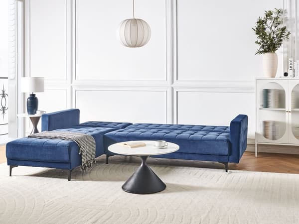 Høyre Hjørnesofa Blå Fløyel Tufted Stoff Moderne L-formet Modulær 4 Seter L Sjeselong