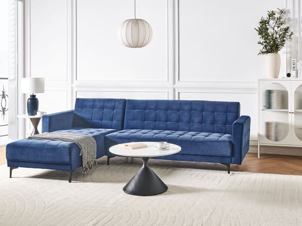 Høyre Hjørnesofa Blå Fløyel Tufted Stoff Moderne L-formet Modulær 4 Seter L Sjeselong