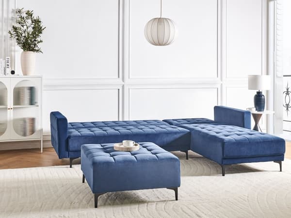 Venstre Hjørnesofa Blå Fløyel Tufted Stoff Moderne L-formet Modulær 4 Seter med Ottoman Sjeselongue
