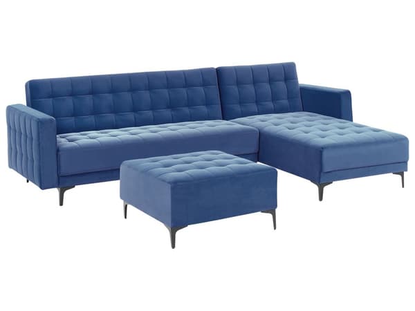 Venstre Hjørnesofa Blå Fløyel Tufted Stoff Moderne L-formet Modulær 4 Seter med Ottoman Sjeselongue