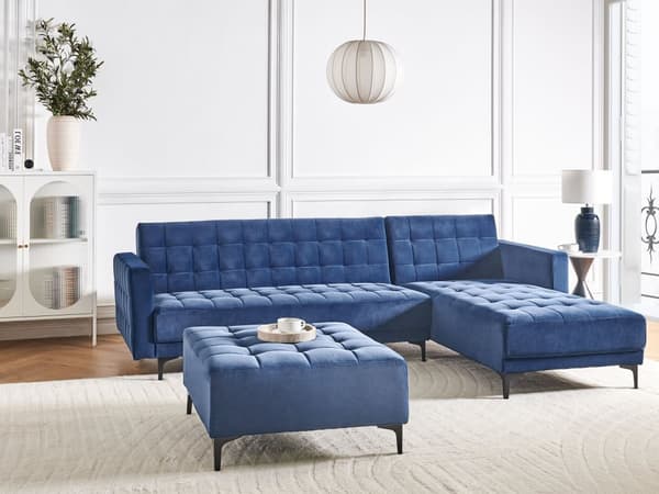 Venstre Hjørnesofa Blå Fløyel Tufted Stoff Moderne L-formet Modulær 4 Seter med Ottoman Sjeselongue