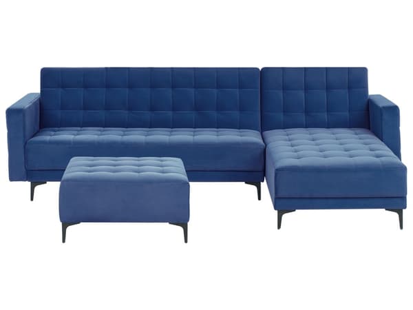 Venstre Hjørnesofa Blå Fløyel Tufted Stoff Moderne L-formet Modulær 4 Seter med Ottoman Sjeselongue