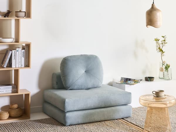 Sofa Puff Seng Lyseblå Polstring Enkeltseng Sammenleggbar Stolseng med Pute Moderne Design