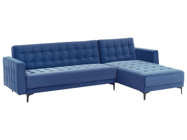 Venstre Hjørnesofa Blå Fløyel Tufted Stoff Moderne L-formet Modulær 4 Seter L Sjeselong