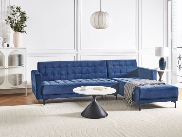 Venstre Hjørnesofa Blå Fløyel Tufted Stoff Moderne L-formet Modulær 4 Seter L Sjeselong