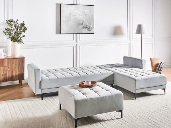 Venstre Hjørnesofa Lysegrå Fløyel Tufted Stoff Moderne L-formet Modulær 4 Seter med Ottoman Sjeselongue