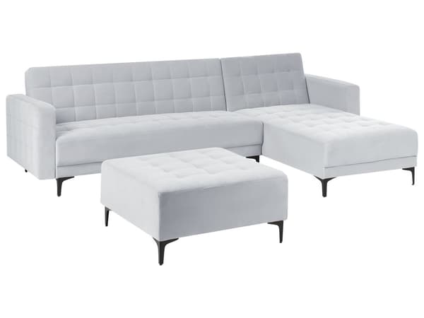 Venstre Hjørnesofa Lysegrå Fløyel Tufted Stoff Moderne L-formet Modulær 4 Seter med Ottoman Sjeselongue