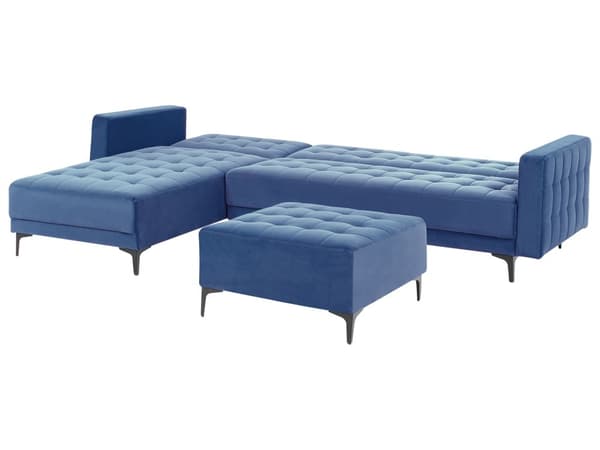 Høyre Hjørnesofa Blå Fløyel Tufted Stoff Moderne L-formet Modulær 4 Seter med Ottoman Sjeselongue