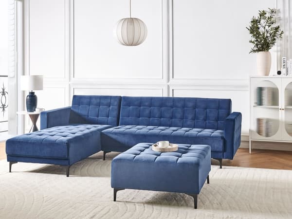 Høyre Hjørnesofa Blå Fløyel Tufted Stoff Moderne L-formet Modulær 4 Seter med Ottoman Sjeselongue
