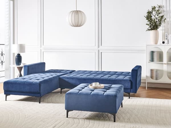 Sovesofa med Chaiselong Blå Velour 4 Personers Sofa L Formet Hjørnesofa med Fodskammel Sofaseng Blød Stofsofa Design Hjørnesovesofa