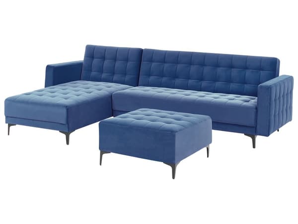 Sovesofa med Chaiselong Blå Velour 4 Personers Sofa L Formet Hjørnesofa med Fodskammel Sofaseng Blød Stofsofa Design Hjørnesovesofa