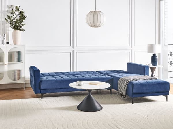 Sovesofa med Chaiselong Blå Velour 4 Personers Sofa L Formet Hjørnesofa Dyb Sofaseng Blød Stofsofa Design Hjørnesovesofa Venstrevendt