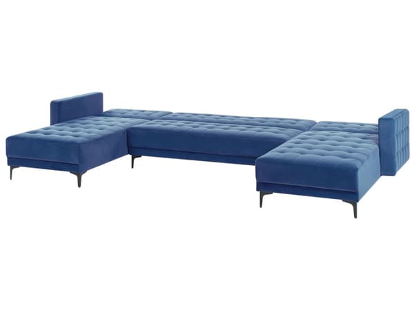U Sofa med Dobbelt Chaiselong Blå Velour 5 Personers Sovesofa Open End Moderne Tuftet Sofa med Sovefunktion til Stue Indretning