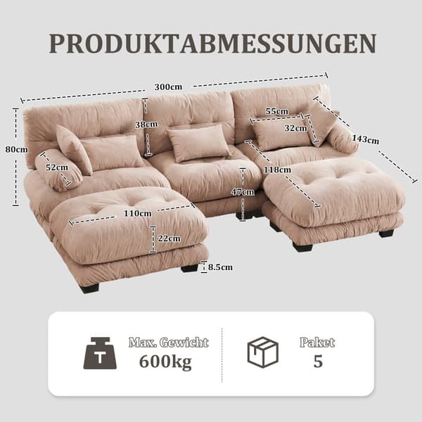 Modulsoffa 5-sits Hörnsoffa i Sammet, Ergonomisk Design, Extra Stor Sittyta, Memoryskumstoppning, Robust Konstruktion och Bekväma Armstöd