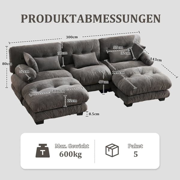 Modulsofa 5 personers – Komfortabel fløjlshjørnesofa med ekstra stort siddeområde, ergonomisk design, memoryskum og robust konstruktion