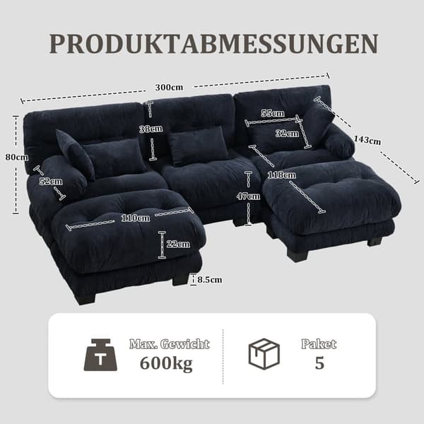 Modulsofa 5-personers fløjlshjørnesofa – ergonomisk design, ekstra stort sæde, memoryskum, robust konstruktion og komfortable armlæn