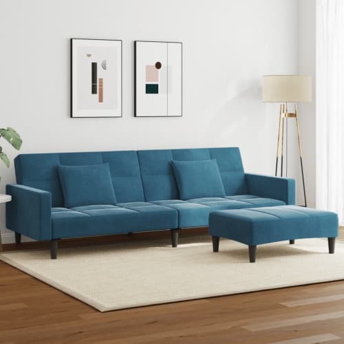 Bäddsoffa 2-sits med fotpall blå sammet
