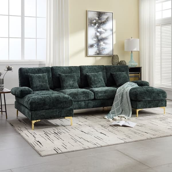 Moderne U-formet chenillesofa med dobbelte hvilestole, stor hjørnesofa til stue, soveværelse, kontor, lejlighed eller villa – Emerald Green