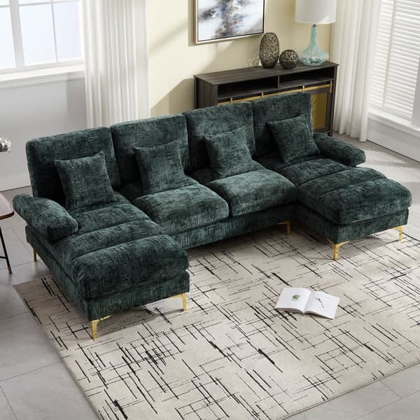 Moderne U-formet chenillesofa med dobbelte hvilestole, stor hjørnesofa til stue, soveværelse, kontor, lejlighed eller villa – Emerald Green