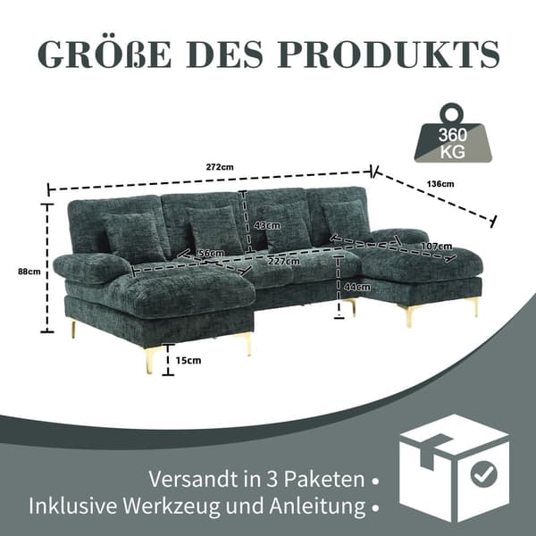 Moderne U-formet chenillesofa med dobbelte hvilestole, stor hjørnesofa til stue, soveværelse, kontor, lejlighed eller villa – Emerald Green