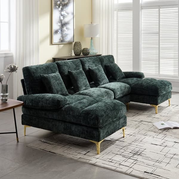 Moderne U-formet chenillesofa med dobbelte hvilestole, stor hjørnesofa til stue, soveværelse, kontor, lejlighed eller villa – Emerald Green
