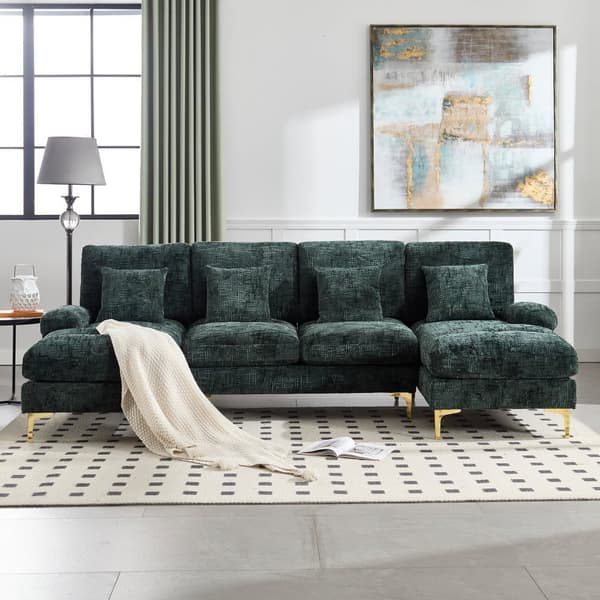 Moderne U-formet chenillesofa med dobbelte hvilestole, stor hjørnesofa til stue, soveværelse, kontor, lejlighed eller villa – Emerald Green