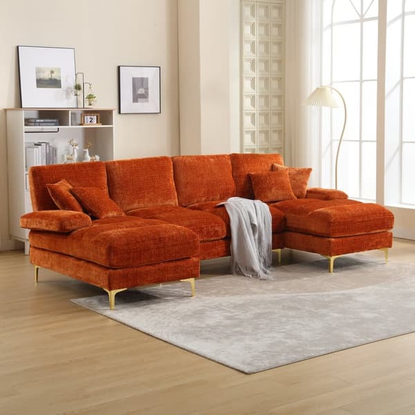 Stor U-formet sofa i orange chenille med dobbelte liggepositioner – Moderne sektionssofa til stue, soveværelse, kontor eller villa