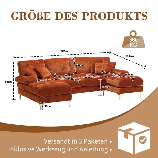 Stor U-formet sofa i orange chenille med dobbelte liggepositioner – Moderne sektionssofa til stue, soveværelse, kontor eller villa