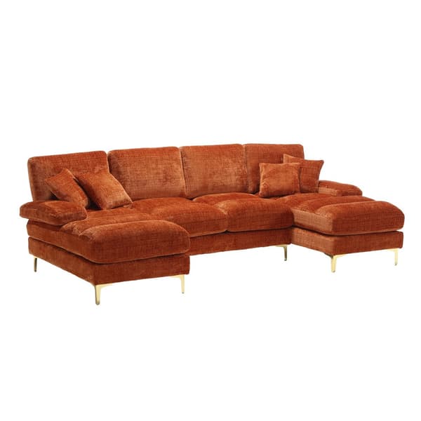 Stor U-formet sofa i orange chenille med dobbelte liggepositioner – Moderne sektionssofa til stue, soveværelse, kontor eller villa