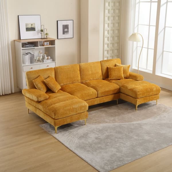 Modern U-format soffa i chenille med dubbla vilstolar, stor hörnsoffa för vardagsrum, sovrum, kontor, lägenhet eller villa – Gul
