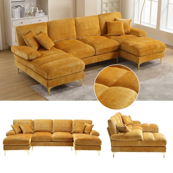 Modern U-format soffa i chenille med dubbla vilstolar, stor hörnsoffa för vardagsrum, sovrum, kontor, lägenhet eller villa – Gul