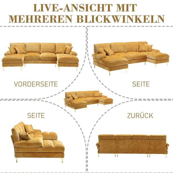 Modern U-format soffa i chenille med dubbla vilstolar, stor hörnsoffa för vardagsrum, sovrum, kontor, lägenhet eller villa – Gul