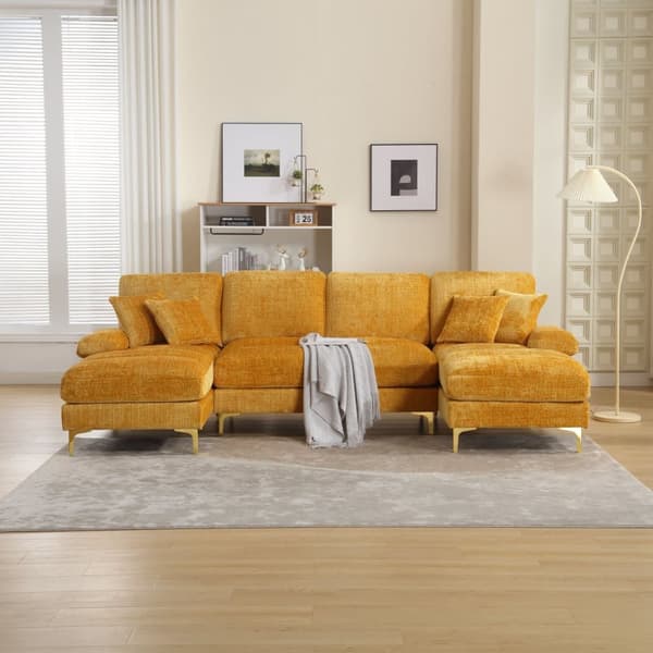 Modern U-format soffa i chenille med dubbla vilstolar, stor hörnsoffa för vardagsrum, sovrum, kontor, lägenhet eller villa – Gul