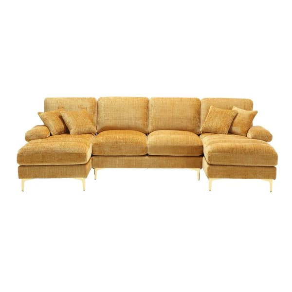 Modern U-format soffa i chenille med dubbla vilstolar, stor hörnsoffa för vardagsrum, sovrum, kontor, lägenhet eller villa – Gul