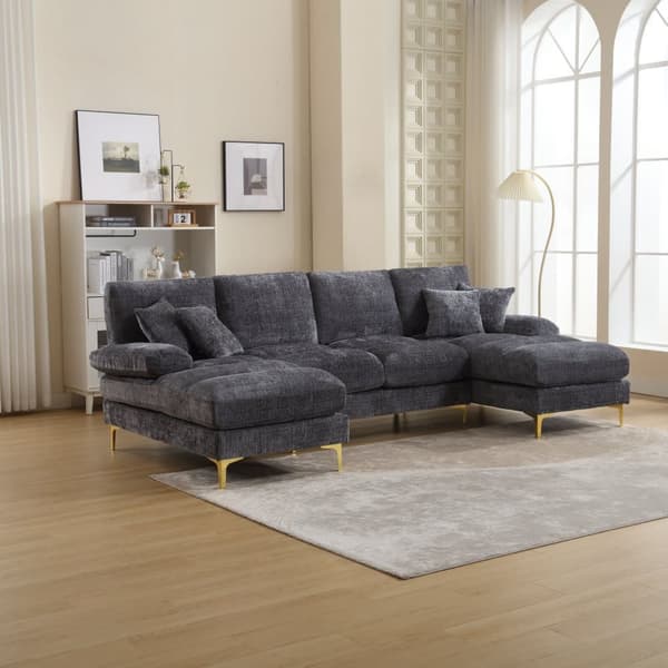 Moderne U-formet chenillesofa med dobbelte hvilestole, stor hjørnesofa til stue, soveværelse, kontor, lejlighed eller villa – Grå