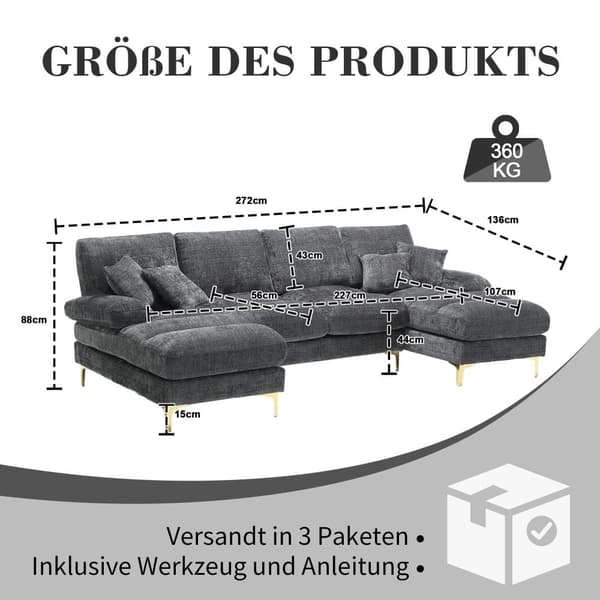 Moderne U-formet chenillesofa med dobbelte hvilestole, stor hjørnesofa til stue, soveværelse, kontor, lejlighed eller villa – Grå
