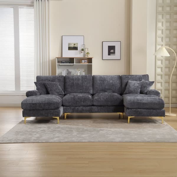 Moderne U-formet chenillesofa med dobbelte hvilestole, stor hjørnesofa til stue, soveværelse, kontor, lejlighed eller villa – Grå