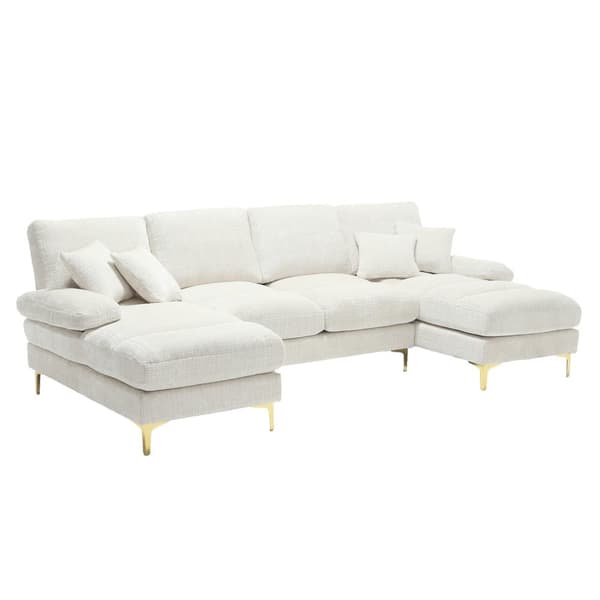 Modern U-format soffa i chenille med dubbla vilstolar, stor hörnsoffa för vardagsrum, sovrum, kontor, lägenhet eller villa – Beige